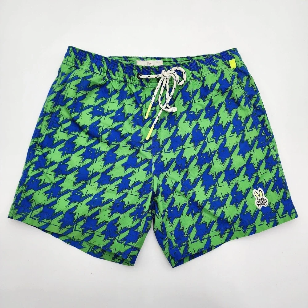 Psycho Bunny Swim Trunks‎ Mens Size XXS Shorts Blue Green Geometric Mesh Lining